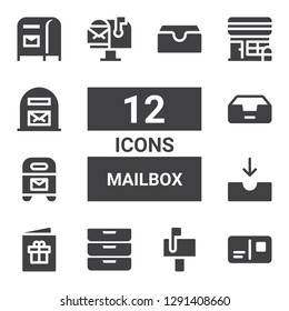 mailbox icon set. Collection of 12 filled mailbox icons included Postcard, Mailbox, Inboxes, Inbox, Mail box, Post office