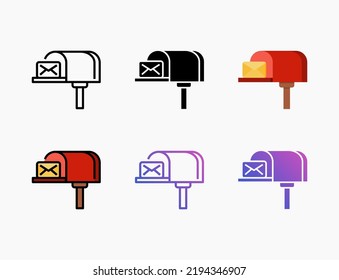 Juego de iconos de buzón con línea, contorno, plano, relleno, glifo, color, gradiente. Actrazo editable y píxel perfecto. Se puede usar para productos digitales, presentación, diseño de impresión y más.