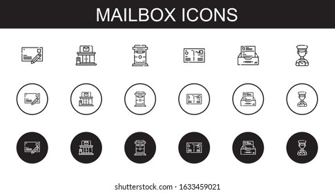 mailbox icons set. Collection of mailbox with postcard, post office, inbox, postman. Editable and scalable mailbox icons.