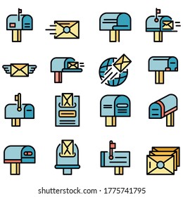 Mailbox icons set. Outline set of mailbox vector icons thin line color flat on white
