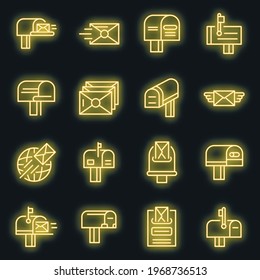 Mailbox icons set. Outline set of mailbox vector icons neoncolor on black