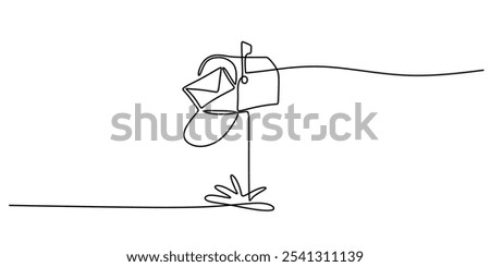 Mailbox illustrated with envelopes coming out of it in a continuous one line drawing. Concept related to mailing. Hand-drawn minimalist design.