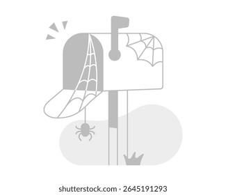 Ilustração de caixa de correio com teias de aranha. Nenhum conceito de mensagem e caixa de entrada vazia em vetor de design plano. Elemento gráfico simples e moderno para landing pages, interface de usuário de estado vazio, aplicativos móveis e infográficos.