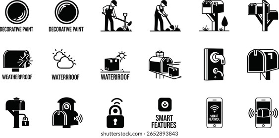 Conjunto de ícones da linha de instalação da caixa de correio. Pictogramas vetoriais de tinta decorativa, instalador profissional, posthole, impermeável, pacote, seguro, sensor, inteligente, fino 