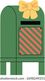 Un buzón con un lazo Grande y un panel rayado en un estilo de Vector plano. La ilustración muestra una caja postal decorada para las fiestas con una cinta y rayas diagonales. Ilustración vectorial de dibujos animados.