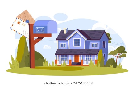 Mailbox with letter concept. Mail box near home. Business and friendly correspondence. Postal service and mailing information. Cartoon flat vector illustration isolated on white background