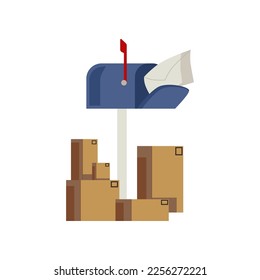 Mailbox with letter and delivered online orders isolated on white. Vector illustration of delivery express service. Delivery concept