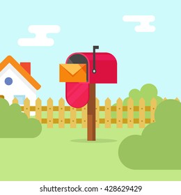 Mailbox with letter envelope and house landscape vector illustration, open flat red mail box on summer scene, concept of mail delivery