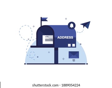 Mailbox with letter in an envelope. Receiving and sending letters. Mail delivery. Blue Post. Paper airplane. Flat design. Eps 10