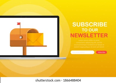 Mailbox with a letter inside in a flat style on screen device on a yellow background. Subscribe to our newsletter. Vector illustration.