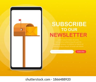 Mailbox with a letter inside in a flat style on screen device on a yellow background. Subscribe to our newsletter. Vector illustration.