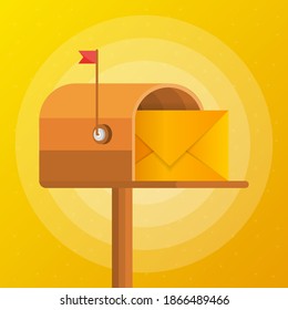 Buzón con una letra dentro en un estilo plano en un fondo amarillo. Ilustración vectorial.