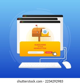 Mailbox with a letter inside in a flat style on screen device on a yellow background. Subscribe to our newsletter. Vector illustration