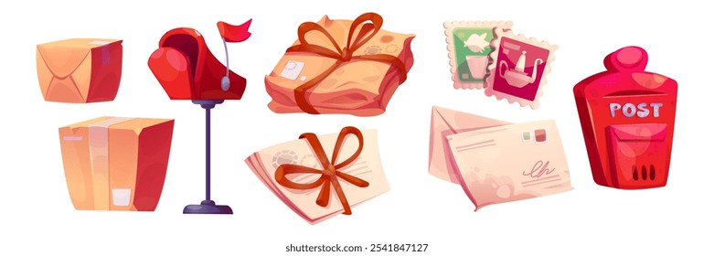Mailbox, letter and stamp. Red post illustration. Retro letterbox and envelope with ribbon bow for delivery. Cute paper message postcard with office news. Vintage box package to send template set