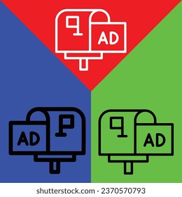 Mailbox or letterbox Vector Icon, Outline style icon, from Advertisement icons collection, isolated on Red, Yellow, Green and White Background.