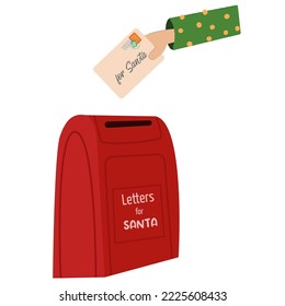 Mailbox with letters from children for Santa Claus. Classic decorative Christmas post box with envelopes and hand.	