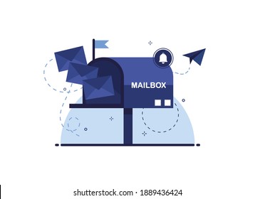 Mailbox with letters in an envelope. Receiving and sending newsletters. Mail delivery. Blue Post. Postal item to address. Flat design. Eps 10