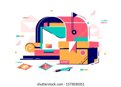 Mailbox and letters with postage stamp vector illustration. Public box with slot into which mail with placed for collection by post office flat style design. Correspondence concept