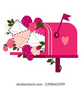 Un buzón con letras y rosas para el Día de San Valentín. Buzón de correo rosa antiguo con flores y valentinas. Clíparte vectorial ilustrada.