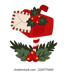 Mailbox with letters for Santa. Classic decorative Christmas red box.