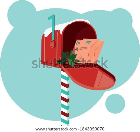 Mailbox with letters for Santa. Classic decorative Christmas red box.