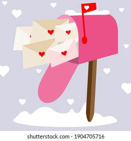 Mailbox with love letters. Valentines in envelopes by mail.