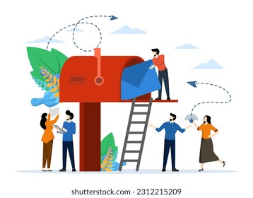 buzón de correo con correo, recepción de correo, ordenación, correo web o diseño de servicio móvil para encabezado de sitio web, ilustración vectorial plana sobre fondo blanco.