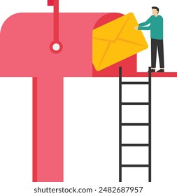 buzón con correo, recepción de correo, clasificación, correo de Web o diseño de servicio móvil para encabezado de Sitio web, Ilustración vectorial plana sobre fondo blanco.