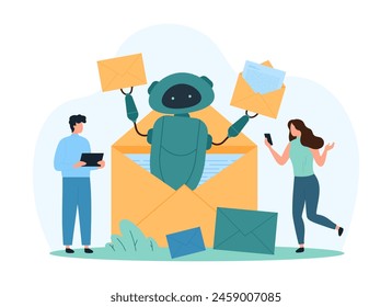 Mailbox management using AI, antispam filter. Tiny people send and receive email messages and SMS, robot from open paper envelope giving letters to users of mail mobile app cartoon vector illustration