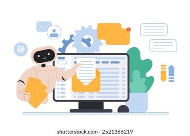 Mailbox message management automation and antispam filter with AI service. Cute robot holding envelopes with email letters to receive and send digital correspondence cartoon vector illustration