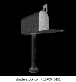 Buzón con puerta abierta y bandera izada. Ilustración de vectores de degradado monocromo de estilo semitonio de dibujo.