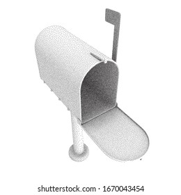 Mailbox with open door and raised flag. Dotwork Halftone Style Monochrome Gradient Vector Illustration.