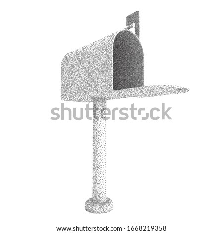 Mailbox with open door and raised flag. Dotwork Halftone Style Monochrome Gradient Vector Illustration.