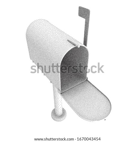 Mailbox with open door and raised flag. Dotwork Halftone Style Monochrome Gradient Vector Illustration.