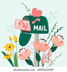 Mailbox mit offenem Deckel und Umschlag.Blumenkomposition und Herz.Romantischer Hintergrund mit Love Hand Lettering.Cute Postkarte,Einladung,Banner Vorlage,Druck auf Stoff und Papier.Vektorgrafik.