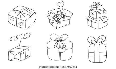 A Mailbox outline set. Hand drawn gift boxes with hearts and flowers, perfect for Valentine Day