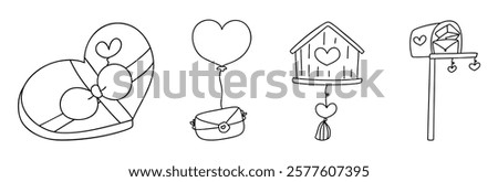 A Mailbox outline set. Outline of heart shaped box, balloon, birdhouse, and mailbox for Valentine Day