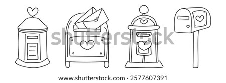 A Mailbox outline set. Valentine mailboxes with hearts and letters, perfect for love notes