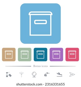 Mailbox outline white flat icons on color rounded square backgrounds. 6 bonus icons included