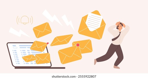 Mailbox overload with spam messages, mail platform alert, fraud and scam letter delivery. Tiny businessman running away in fear from many envelopes on laptop screen cartoon vector illustration