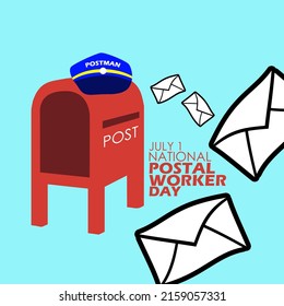 Mailbox With Postal Worker Hat On It And Flying Letters With Bold Text On Blue Background, National Postal Workers Day July 1