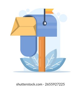 Caixa de correio com caixa postal e ícone de desenho animado plano, azul. Caixa de correio de rua azul clássico. Abrir caixa de correio com email entregue. Ilustração de vetor de design plano.
