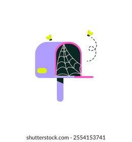 Mailbox With Spider Web And Flies In Flat Vector Illustration Symbolizing Neglect, Unused Communication, And Forgotten Mail, Isolated On White Background