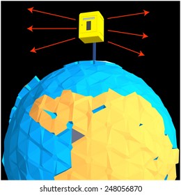 Mailbox standing on the pole of the planet in low-polygonal style