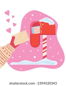 Mailbox with Valentine's cards and a human hand holding an envelope with a love letter. Hearts. Valentine's Day card. Vector illustration.