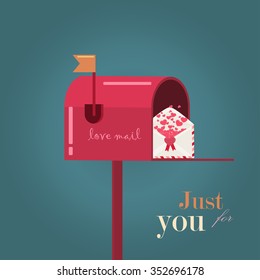 Mailbox For Valentines Day. Greeting Card For Love February Holiday. Lovely Day Invitation. Just For You Lovely Letter Envelope. Valentine Heart Mail Box Delivery. Postage Message Delivery Email.