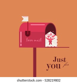 Mailbox for Valentines day. Greeting card delivery mailbox, letter and hearts. Send correspondence envelope mailbox. Mailbox postage message delivery email communication post box. Open mail box.