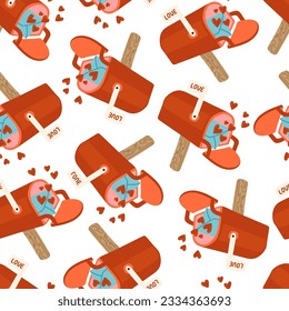 Buzón de correo para el vector de San Valentín patrón sin fisuras. Me encanta la fiesta de febrero fondo de textura romántica. Entrega de la caja de correo de San Valentín. Correo electrónico de entrega de mensajes de correo.