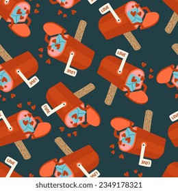 Mailbox for Valentines day vector seamless pattern. love february holiday Romantic texture background. Valentine heart mail box delivery. Postage message delivery email.