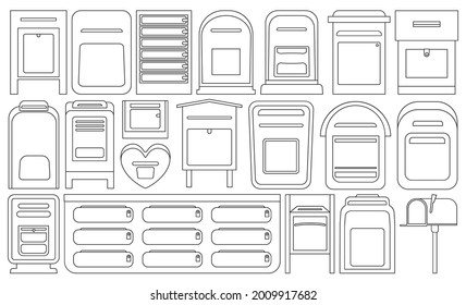 Postfach-Vektorgrafik-Set-Symbol Letterbox einzeln Umriss Symbol gesetzt. Vektorgrafik-Briefkasten auf weißem Hintergrund.